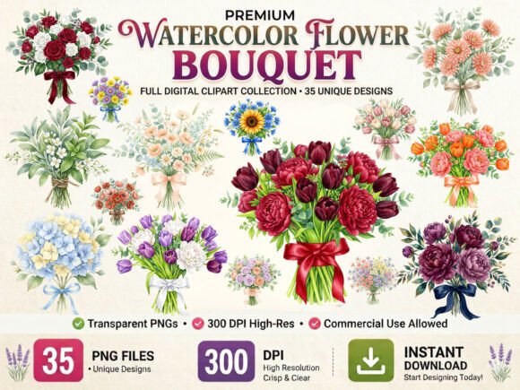Download Watercolor Flower Bouquet Clipart Bundle - Premium Resources
